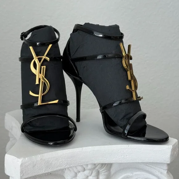 Saint Laurent Cassandra YSL Medallion Strappy Stiletto Sandals | Size 37.5 / 7.5 - Picture 4 of 11